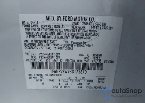 2011 Ford Taurus Sel from USA, damaged, VIN 1FAHP2EW9BG173670